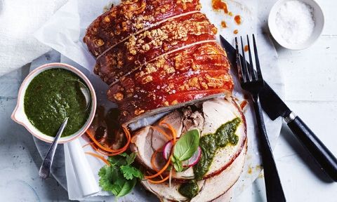 Curtis Stone's Roast pork with Thai chilli-mustard sauce and herbs